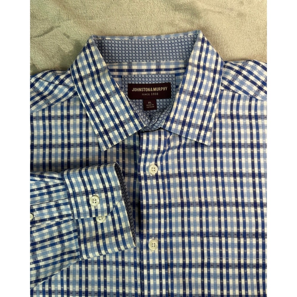 Johnston Murphy Button Down Shirt Mens XL Blue‎ Gingham Excellent Long Sleeve